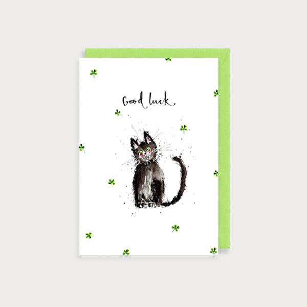 Image of illustrated card with a black Cat and the caption Good Luck
