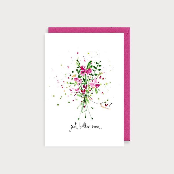 Image of illustrated card with a bunch of pink flowers and the caption Feel Better Soon