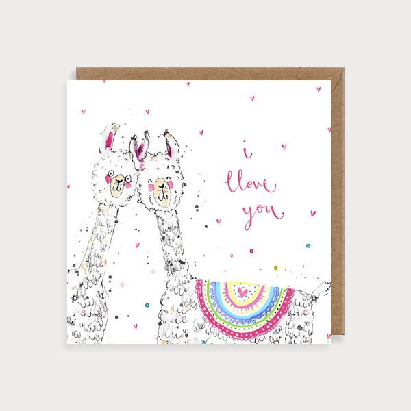 Image of illustrated card with two Llamas and the caption I love you
