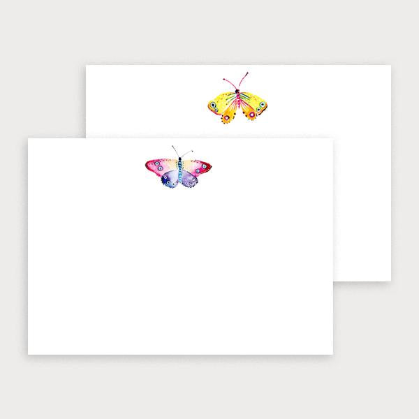Image of illustrated notecard set with oneyellow butterfly design and a separate purple & pink butterfly design