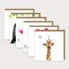 Image of bundle of illustrated mixed animal design birthday cards. Hedgehood and balloon with caption BIG Birthday Love, Cat with caption Have a Purrfect Birthday, 3 Meerkats and caption Who? Cake? Where? Giraffe and caption Hi, 2 Monkeys and caption Happiest Birthday & Flamingos with caption Not a Day Over Fabulous