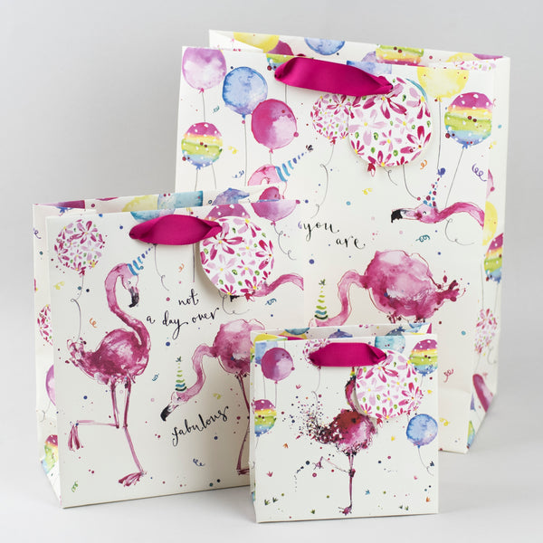 Image of illustrated 3 party flamingo birthday gift bags