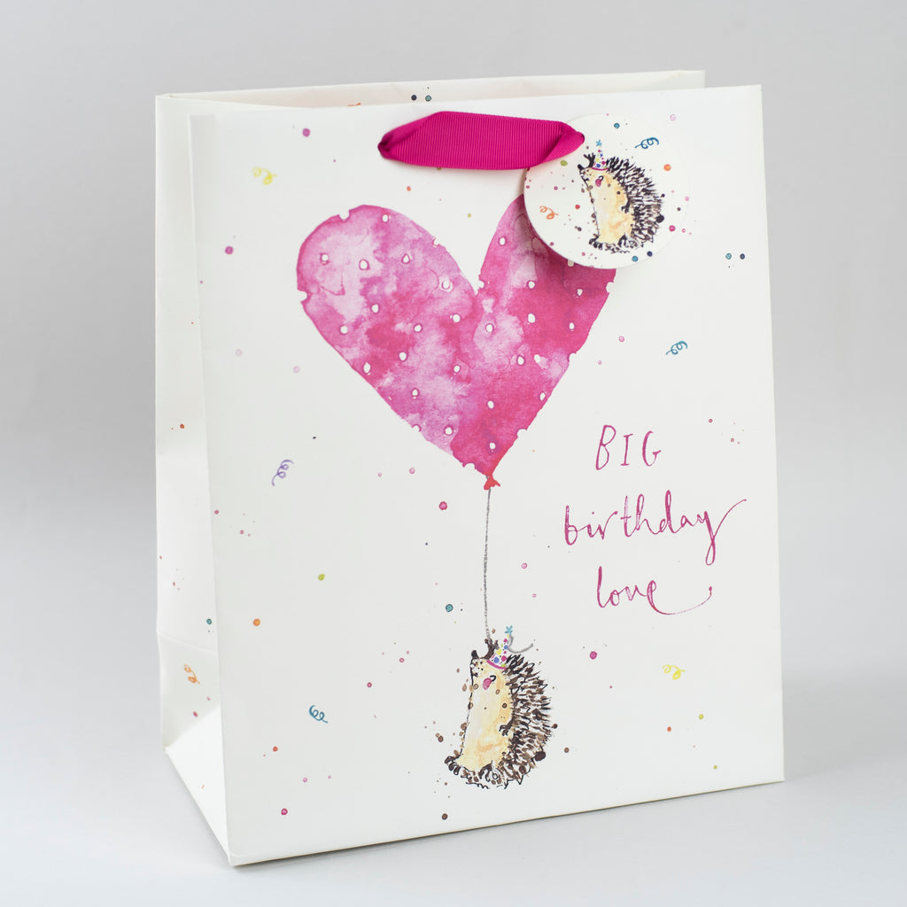 Image of an illustrated birthday gift bag with a hedgehog holding a heart shaped balloon and the  caption BIG Birthday Love