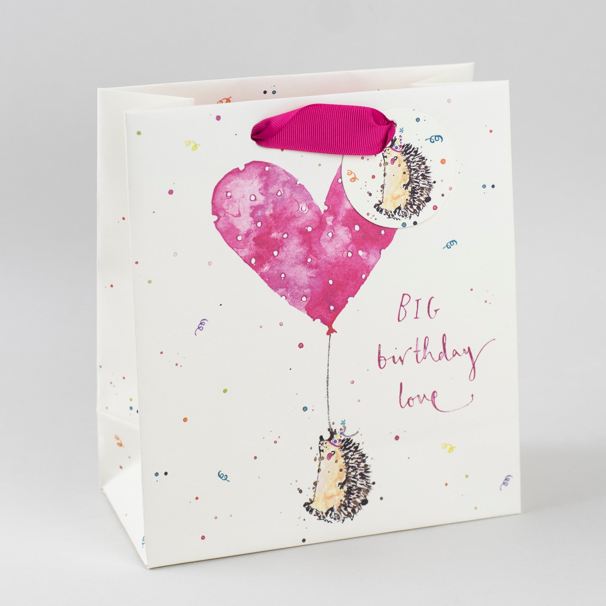 Image of an illustrated birthday gift bag with a hedgehog holding a heart shaped balloon and the  caption BIG Birthday Love