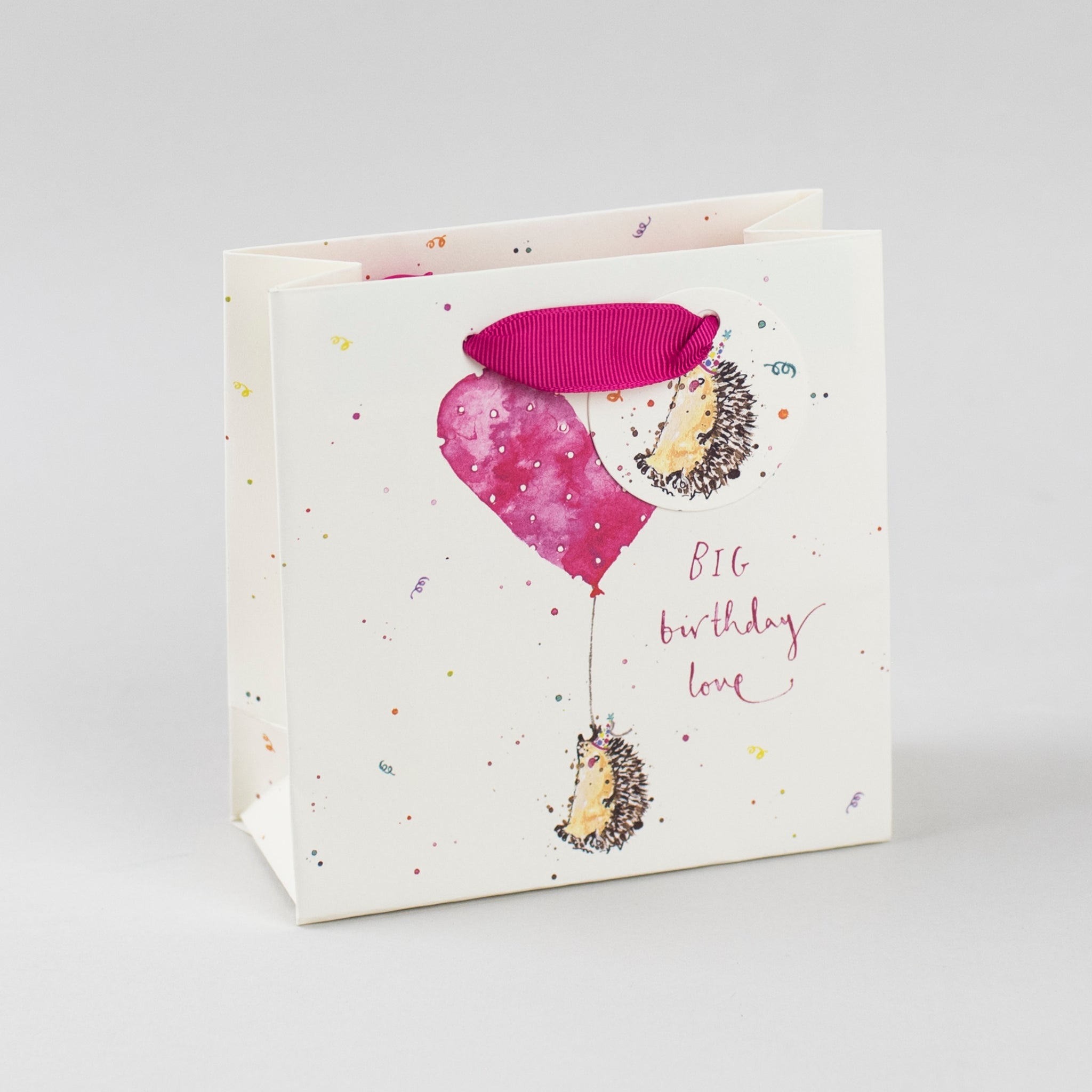 Image of an illustrated birthday gift bag with a hedgehog holding a heart shaped balloon and the  caption BIG Birthday Love