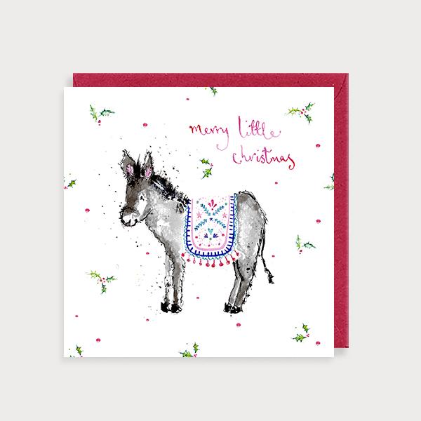 Image of illustrated christmas card with a donkey and the caption Merry Little Christmas