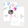 Image of an illustrated portrait postcard with 2 ostriches and party ballons with the caption Birthday Babe