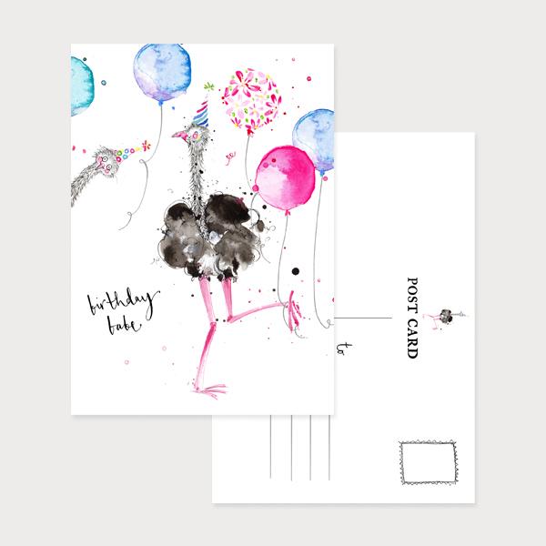Image of an illustrated portrait postcard with 2 ostriches and party ballons with the caption Birthday Babe