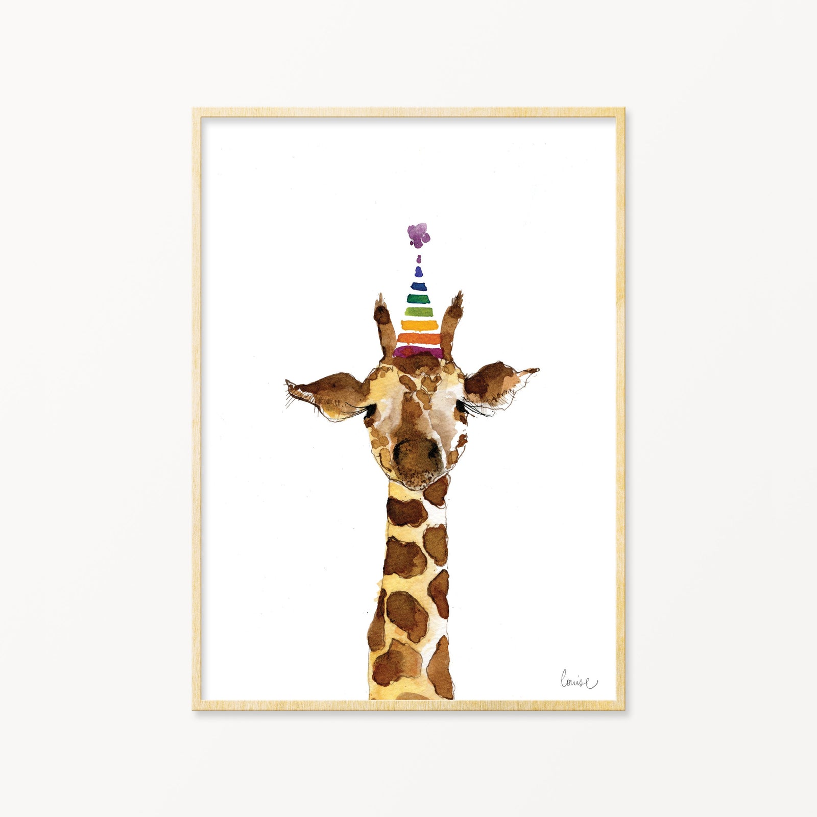 Image of illustrated print featuring a giraffe wearing a party hat and the caption Hi