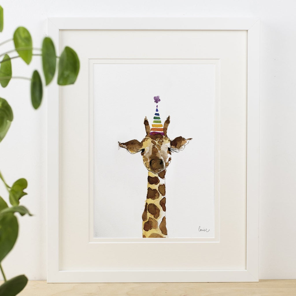 Image of illustrated print featuring a giraffe wearing a party hat and the caption Hi