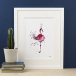 Image of illustrated print featuring a pink flamingo