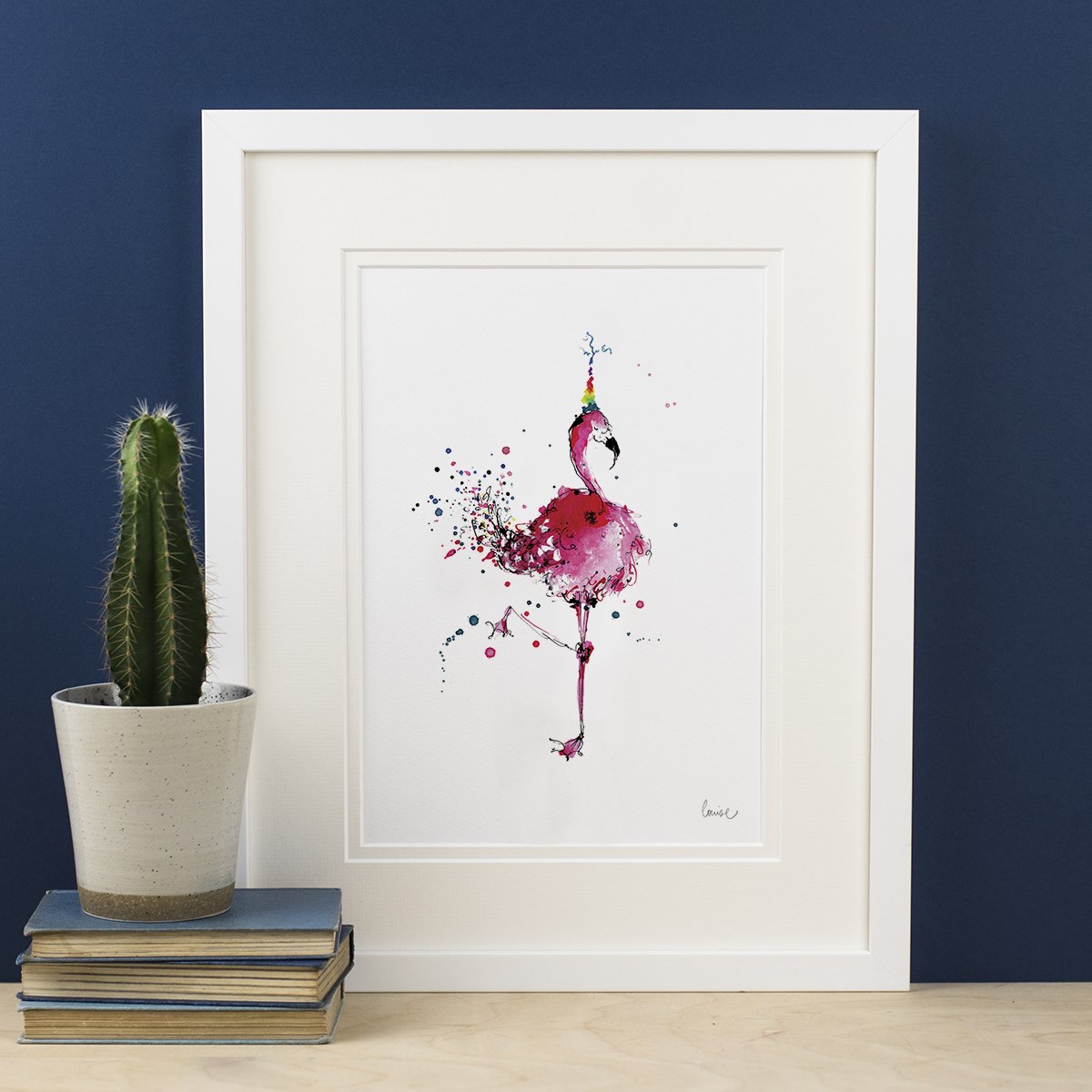 Image of illustrated print featuring a pink flamingo