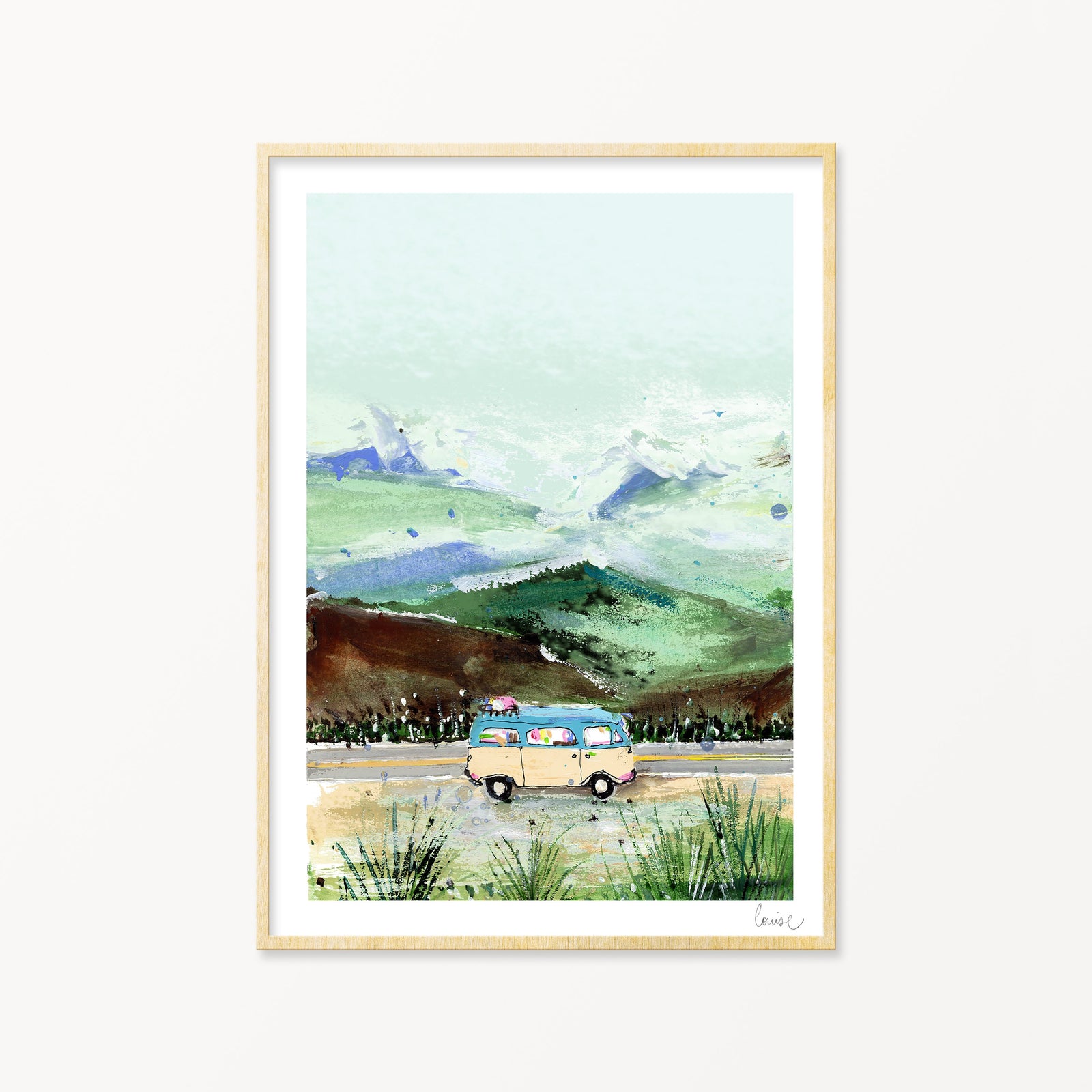 Image of illustrated campervan art print in frame