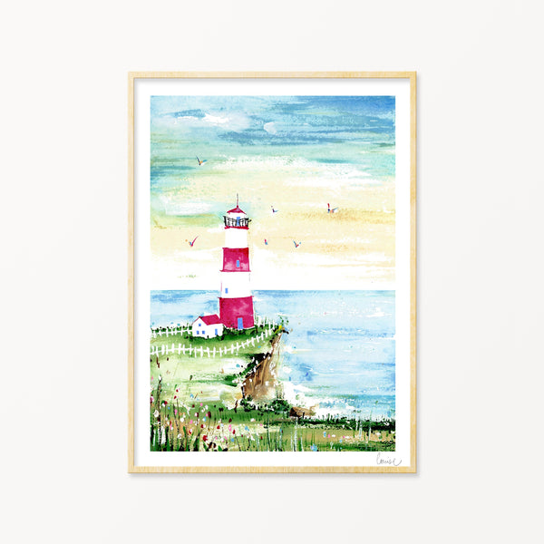 Image of illustrated lighthouse scene print in frame