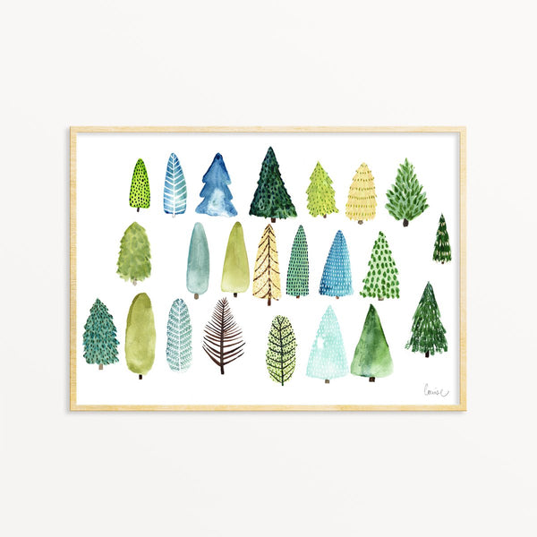 Image of illustrated tree pattern print in frame