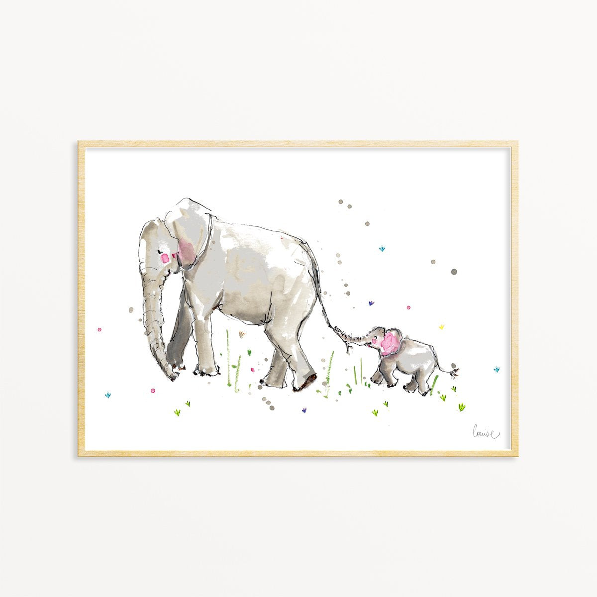 Image of illustrated mum and baby elephant art print in frame