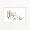 Image of illustrated mum and baby elephant art print in frame