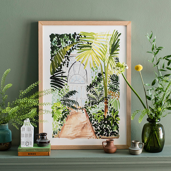 Image of illustrated palm house mezzanine walkway in a frame