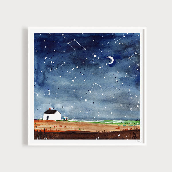 Image of an illustrated art print featuring a starry night scene and a house