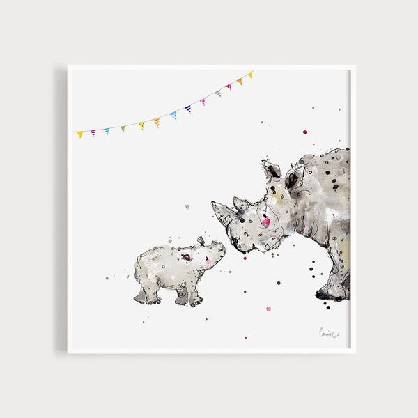 Image of an illustrated art print featuring a baby rhino and its parent