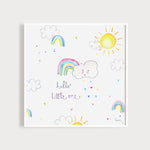 Image of an illustrated art print featuring clouds and rainbows and the caption Hello Little One