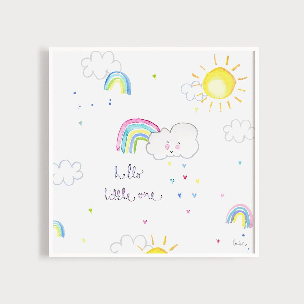 Image of an illustrated art print featuring clouds and rainbows and the caption Hello Little One