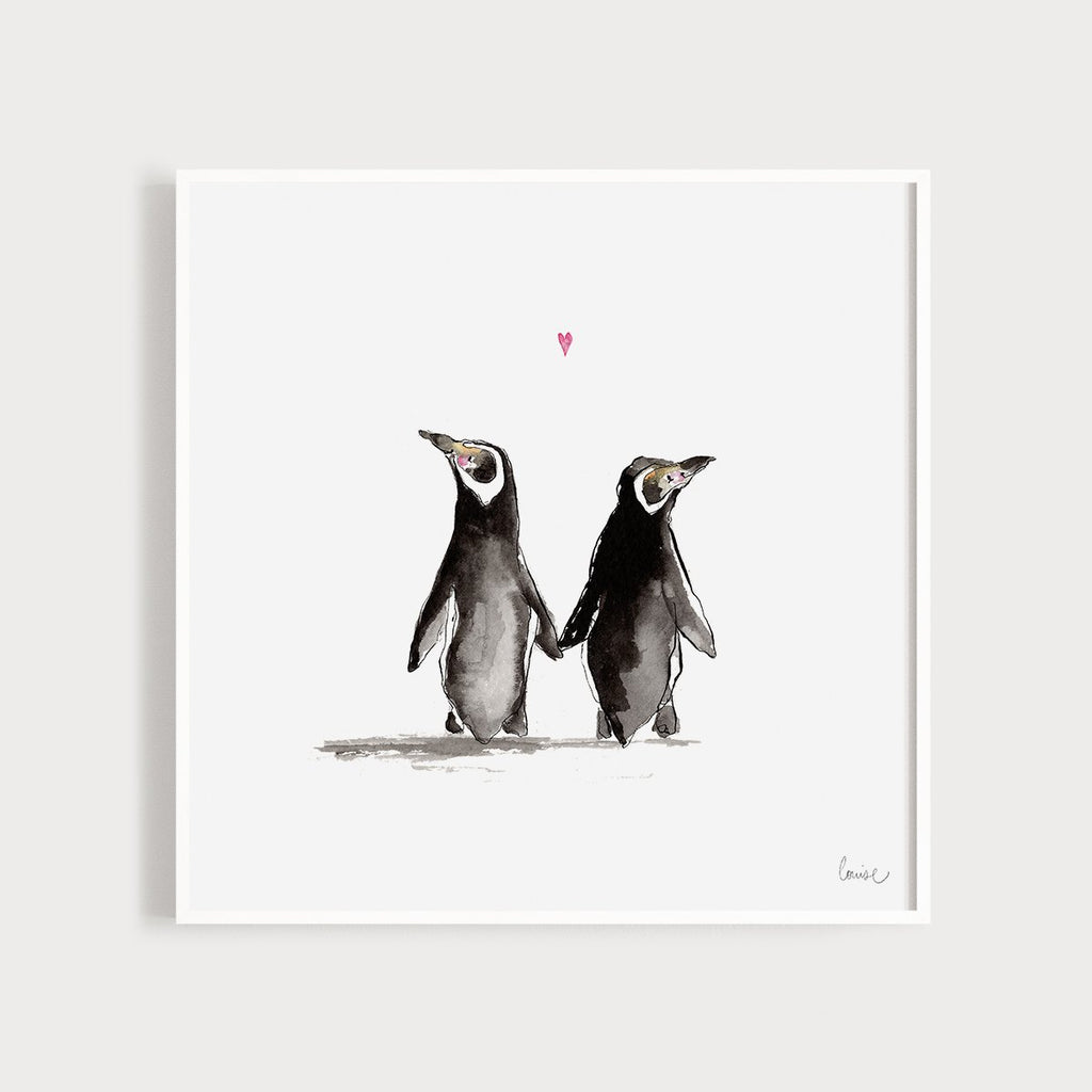 Image of an illustrated art print featuring two penguins
