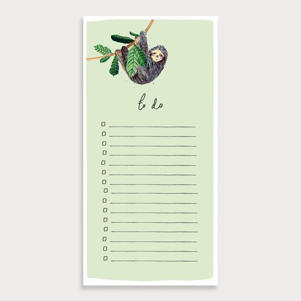 Image of a light green illustrated lined to do list with checkboxes and the title To Do. There is a sloth hanging off a branch character