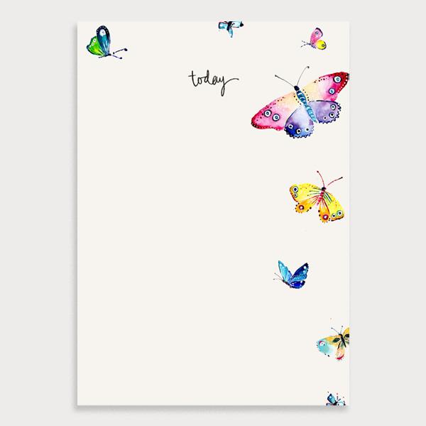 Image of an illustrated cream blank notepad with colourful butterflies and the title Today
