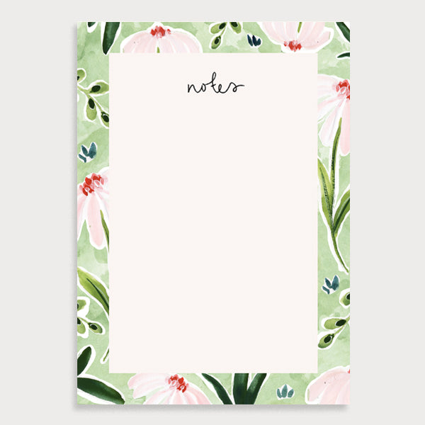 Image of an illustrated A5 notepad with a wild daisy border and the title notes
