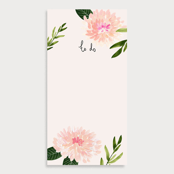 Image of an illustrated notepad with a border of dhalias pattern and the title To Do