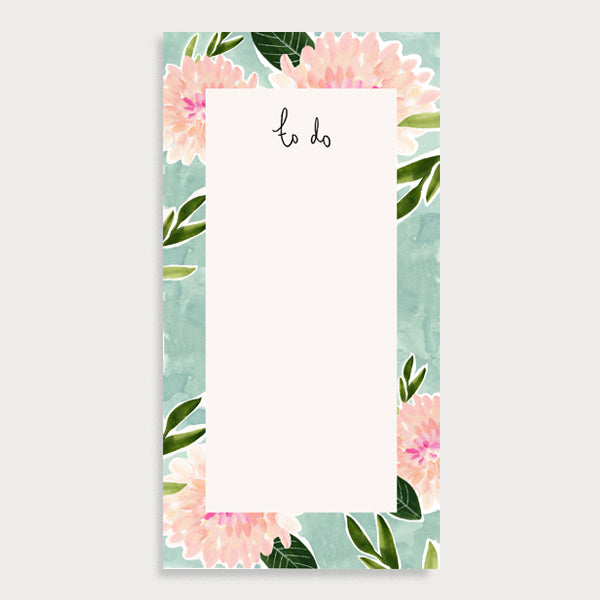 Image of an illustrated notepad with a border of dhalias pattern and the title To Do