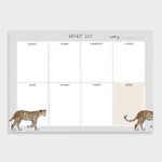 Image of illustrated weekly planner pad with a grey border and a leopard walking across the page. It has a title of Weekly List and has seperate boxes for the days of the week and a note section