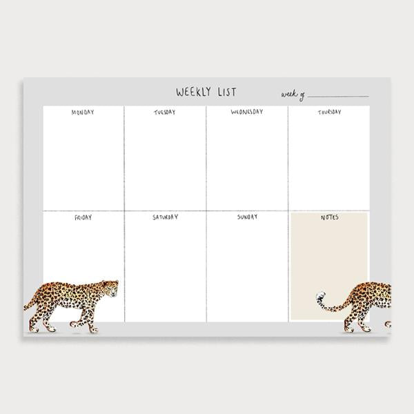 Image of illustrated weekly planner pad with a grey border and a leopard walking across the page. It has a title of Weekly List and has seperate boxes for the days of the week and a note section