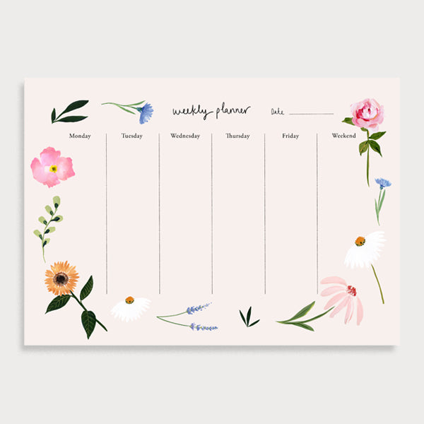Image of illustrated weekly planner pad with a floral patterned border. It has a title of Weekly Planner and has seperate boxes for the days of the week and one for the weekend