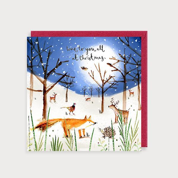 Image of illustrated christmas card with woodland animal snow scene and the caption Love to you all ar Christmas