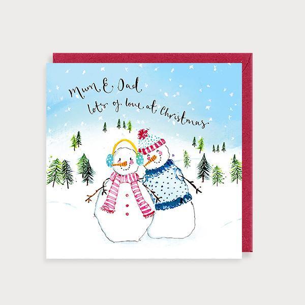 Image of illustrated christmas card with 2 snowpeople in a snow scene and the caption Mum & Dad Lots of Love at Christmas