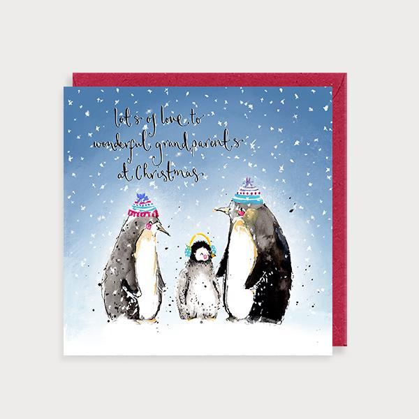 Image of illustrated christmas card with 2 penguins and a baby in woolly hats and the caption Lots of Love to Wonerful Grandparents at Christmas