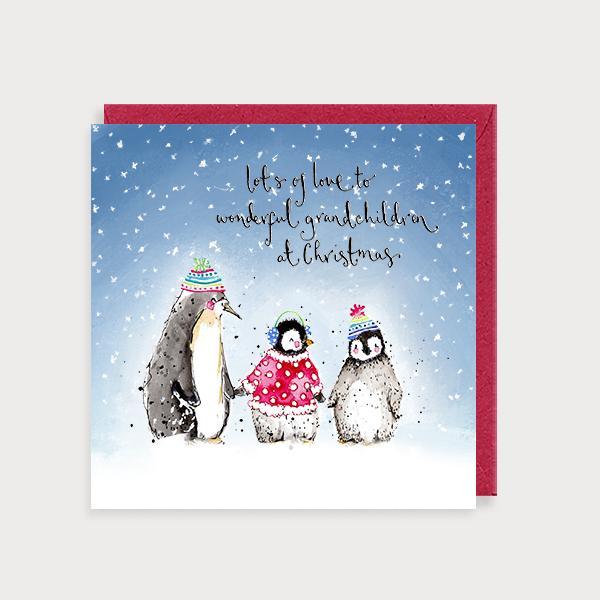 Image of illustrated christmas card with 2 penguins and a baby in woolly hats and the caption Lots of Love to Wonerful Grandchildren at Christmas