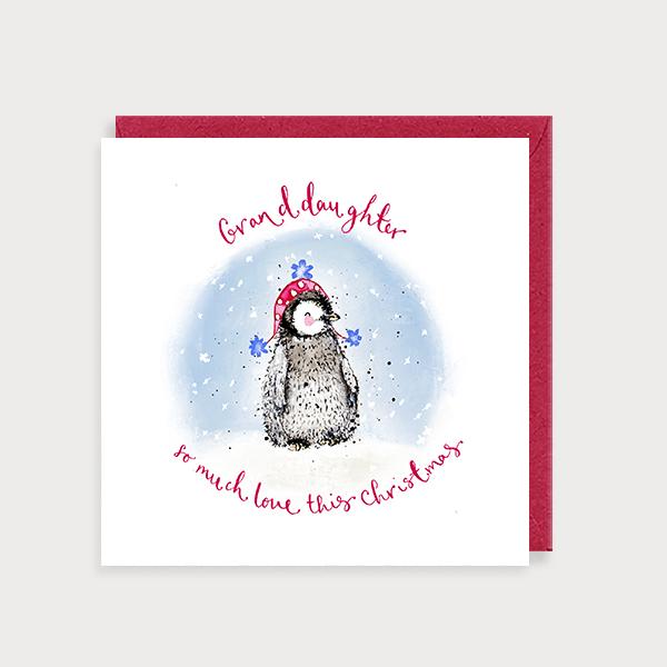 Image of illustrated christmas card with a penguin in a woolly hat and the caption Granddaughter so much Love This Christmas