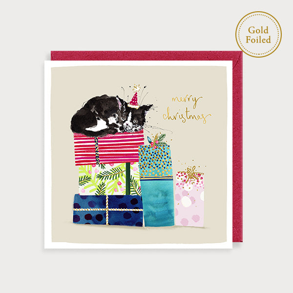 Image of illustrated christmas card with a cat sleeping on presents and the caption merry christmas