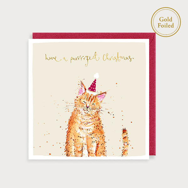 Image of illustrated foiled christmas card with a cat in a santa hat and the caption have a purrrfect Christmas