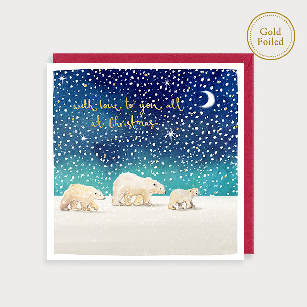 Image of illustrated christmas card with three polar bears in the snow and the caption with love to you all at Christmas