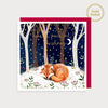 Image of illustrated foiled christmas card with a fox sleeping in woodland and the caption have a peaceful christmas