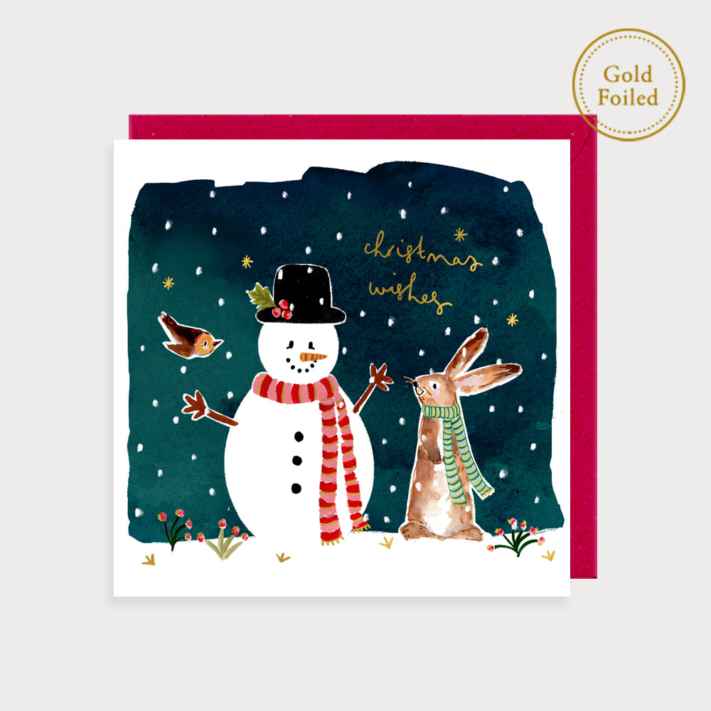 Snowman and Bunny Christmas Wishes Christmas Card